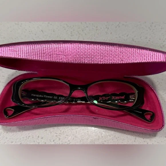 Betsey Johnson Harajuku Flower Eyeglass Frames β Black & Green Cat Eye with case - Picture 3 of 11
